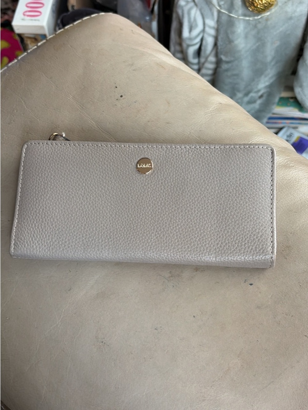Lodis Women's Pebbled Leather Slim Clutch Wallet in Taupe.  4”x7.5”.  New!